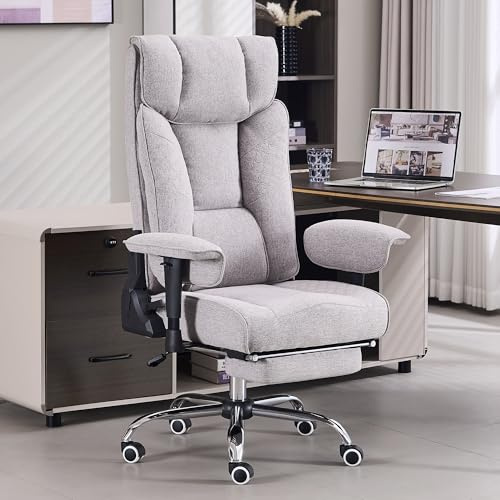 LakeeHoom Chefsessel Bürostuhl Ergonomisch mit Fußstütze und Rollen, Office Chair Computerstuhl, Höhenverstellbar Sessel Schreibtischstuhl, Verstellbarer Armlehnen, Grau Stoff