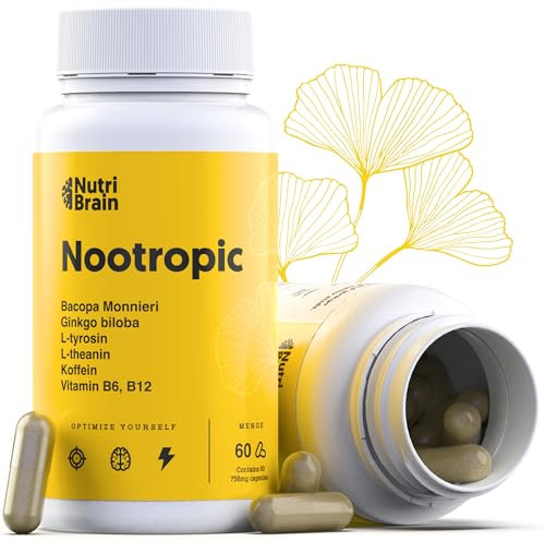 Nootropico Naturale XL | Caffeina, Ginkgo Biloba, Teanina, Tirosina, Bacopa Monnieri | Concentrazione, Memoria, Energia e Agilità Mentale | 60 Capsule | 2 Mesi | Rendimento Per la Mente
