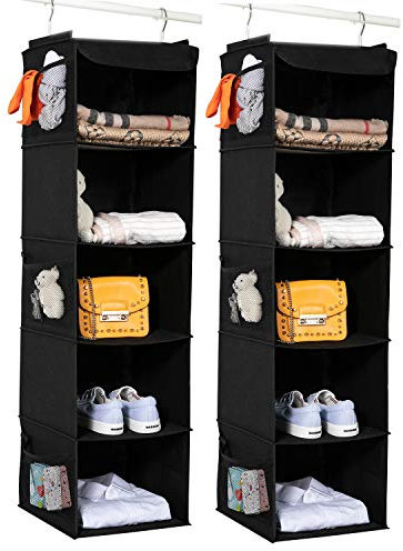 BrilliantJo Hängeregal, 2er Set Hängeaufbewahrung mit 5 Fächern, Camping Schrankorganizer innen mit Metallrahmen, Organizer Aufbewahrungssystem für Kleiderschränke, 30 x 30 x 108 cm Schwarz