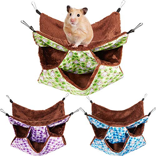 Weewooday 3 Pcs Rat Hammock 3 Tier Ferret Hammock Cage Hanging Bed Cage Accessories for Pet Guinea Pig Hamster Parrot Sugar Glider Ferrets Rat Chinchilla Playing Sleeping(Blue, Purple, Green)