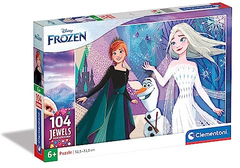 Clementoni 20182 Jewels Puzzle Frozen 2 – Puzzle 104 Teile ab 6 Jahren, farbenfrohes Kinderpuzzle mit Glitzersteinen zum Aufkleben, Geschicklichkeitsspiel für Kinder