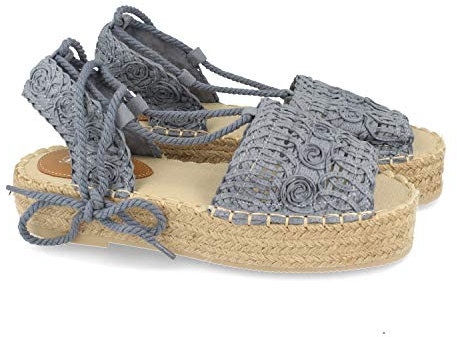 shoes&blues.es Sandalia Plana de Mujer, Forrado de Yute, con Pala de Rafia, y Cierre de Cordones, Primavera Verano 2021. Talla 38 Azul
