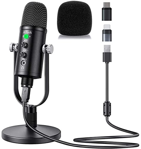 Aveek Microfono USB a condensatore compatibile con PC/portatile/smartphone con cancellazione del rumore e riverbero per registrazione vocale e musica, podcasting, streaming, gaming
