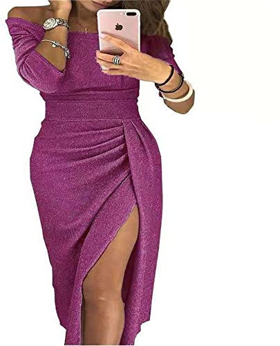 Mujer Lentejuelas Vestido Noche Falda Fuera de Hombro Puntas Abiertas Sexy Ceremonia Boda Cóctel Noche Dress (S, Fucsia)