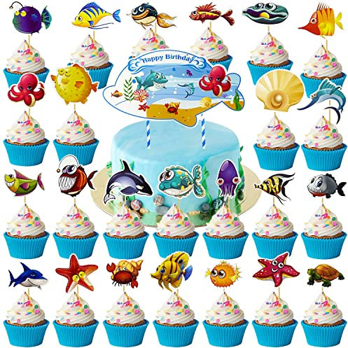 MEZHEN Meerestier Tortendeko Delfin Kuchen Deko Geburtstag Hai Kuchen Toppers Muffin Deko Torte Hippocampus Tropischer Fisch Kindergeburtstag Deko 25 Stück