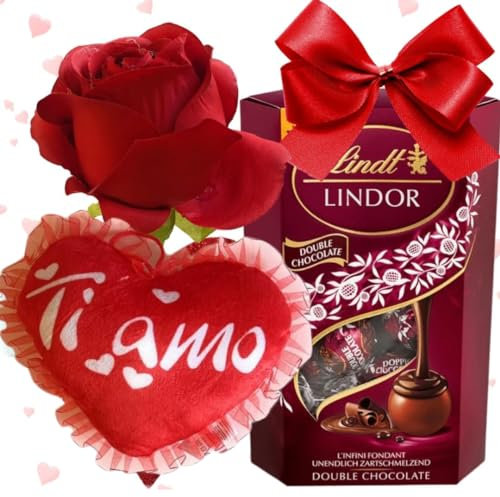 Regalo Festa della Mamma 2025-200gr Cioccolatini Doppio Cioccolato +Cuscino a Cuore con Scritta + Rosa Rossa Artificiale (DOPPIO CIOCCOLATO)