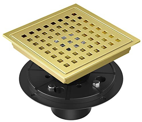 Dilvii Duschablauf Gebürstetes Gold, 15,2 cm, quadratischer Bodenablauf, Edelstahl-Ablauf-Set mit Flansch, abnehmbare Gitterabdeckung, Haarsieb