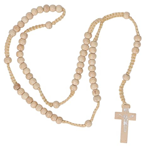 Qcwwy 10 Stück Rosenkranz aus Holz, Treuer Katholischer Rosenkranz aus Holz, Natürliche Holzperlen, Rosenkranz, Halskette, Kreuz, Kruzifix, Katholischer Anhänger, Katholisches Gebet, Jesus,(Beige)