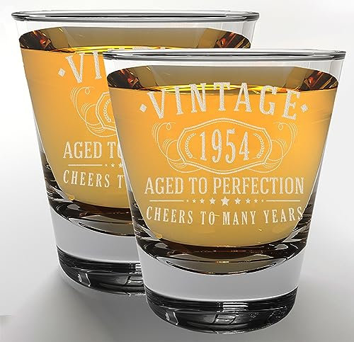 Vintage 1954 Etched 2pk 1.75oz Shot Glasses - 71st Birthday Gifts for Women Men - Cheers to 71 years old - 71st decorations for her him - Best Engraved Whiskey Bourbon Gift ideas - Mom Dad 2.0