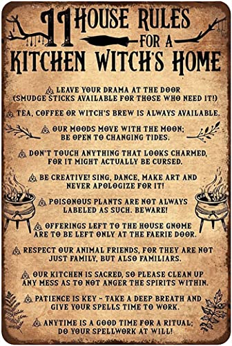Retro-Metall-Blechschild, 11 Hausregeln für eine Küche, Hexe, Zuhause, Halloween, Wanddekoration, Vintage, Zuhause, Küche, Schlafzimmer, Metallschild, Poster, dekoratives Geschenk, 14 x 20 cm