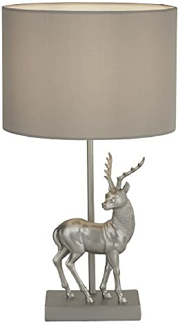 Silver Stag Vintage Table Lamp Light with Grey Fabric Drum Shade | 425mm Height | 1 x E27 ES Lamp Bulb Required (Not Included) | 3 Pin Plug | in-line Switch | Suitable for LED