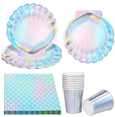 YGCHEN Sirène Vaisselle Anniversaire Décorations Assiettes Coquillages Vaisselle de Fête d'anniversaire Garçon Gobelets Laser Serviettes Baby Shower 8 Invités