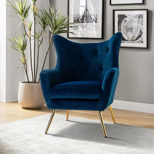 FABRICATION HAUS Sessel, Armsessel, Lehnsessel, bequemer und gepolsterter Loungesessel mit goldenen Metallbeinen, Ohrensessel für das Wohnzimmer, Schlafzimmer, Blau