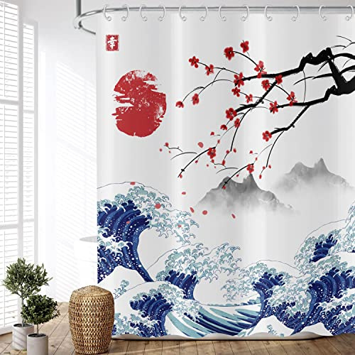 ASDCXZ Rideau de Douche Fleur de Prunier 180x200 cm, Peinture Chinoise Asiatique Fleur de Prunier Sun Peak Lavables Textile Rideau Douche imperméable pour Baignoire avec 12 Crochets