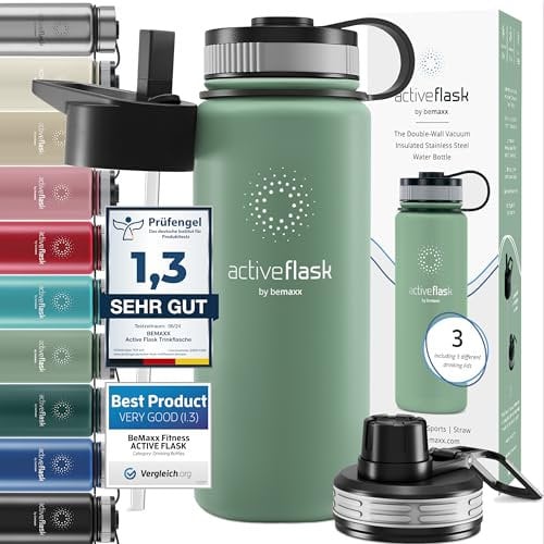 Gourde Inox Isotherme ACTIVE FLASK 1l/500ml sans BPA + Paille (3 Bouchons) | Bouteille d’eau Acier Inoxydable Isolée, Thermos Réutilisable | Camping Velo Sport Running Randonnée Enfant, Café The