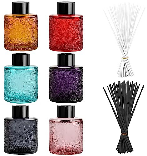 GiReich Glasdiffusorflaschen Set, Glasflaschen für Raumduft Diffusor mit 50 Stück Rattanstäbchen, Leere Diffusorflasche mit Duftstäbchen, Behälter für Ätherische Öle, Schwarz Kappen(6 Stück)
