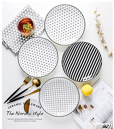 4 Platos de Porcelana con Lunares Blancos y Negros de 8,5 Pulgadas