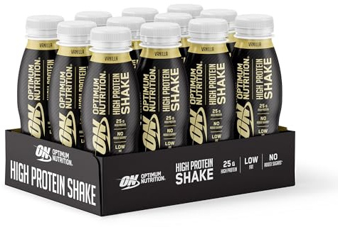 ON High Protein Shake Bottles, Ready To Drink Healthy Snacks, No added sugars, low fat, Post Workout Snack for Men and Women, Vanilla Flavour, 12x330ml, Packaging may vary