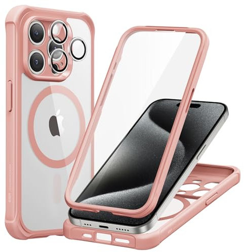 ESR für iPhone 15 Pro Hülle, Kompatibel mit MagSafe, 360 Grad Schutzhülle Stoßfest Militärnorm Magnetische Handyhülle mit Kameraschutz, Klares Rosa