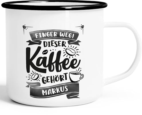 SpecialMe® Emaille-Tasse Spruch Finger Weg dieser Kaffee gehört Wunschname Geschenk Kaffeeliebhaber Bürotasse Vintage emaille-weiß-schwarz standard