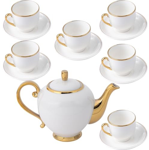 Juego de té de cerámica vintage de 19 piezas, tetera, taza y platillo, juego de tetera para mujer (18, cordón dorado) (18, cordón dorado)