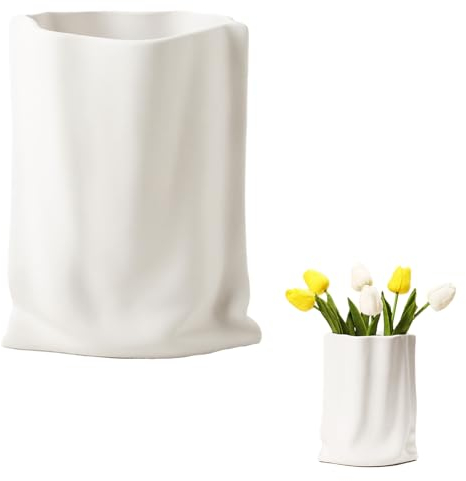 Bocguy Vasen, Keramik Vase, Vase Weiß, Keramik Vase mit Gerippte 20cm Hoch, Deko Handtasche Vase, Deko Vasen für Wohnungsdeko Geschenke für Freunde und Familie