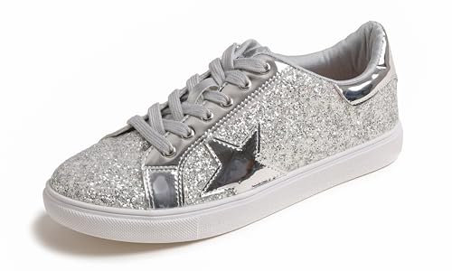 Feversole Women's Featured PU Leather Lace Up Star Sneaker,Stella Sneakers Stringate in Pelle PU da Donna Stella Argento Ghiaccio 38 EU