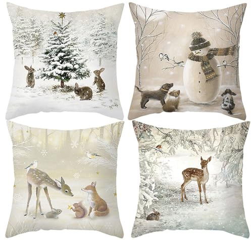 4 Stück Kissenbezug Weihnachten, 45x45cm Kissenbezüge aus Leinen Winter Zierkissenbezug Weihnachtsdeko Weihnachtskissenbezug Weihnachten Dekokissen, Kissenhülle für Sofa Schlafzimmer (J, 45x45cm)
