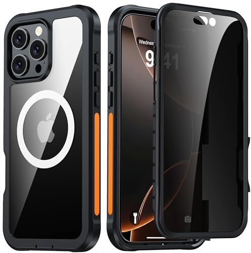 ANTSHARE For iPhone 16 Pro Max Case, [Built-in Privacy Screen Protector] Support MagSafe, Military Grade Shockproof Clear Back Magnetic Anti-Spy Case for iPhone 16 Pro Max 6.9 - Black