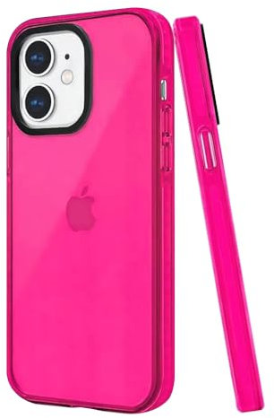 KIOMY Neon Hot Pink Case for iPhone 12, 6.1 Inches Shockproof Bumper Protective Silicone Stylish Clear Jelly Cute Cell Phone Back Cover with Bright Vibrant Color for Girls Women