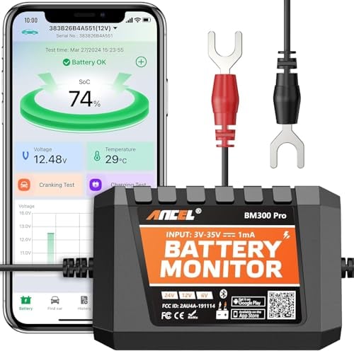 ANCEL BM300PRO 6V 12V 24V Battery Monitor - Bluetooth Car Battery Tester with Charging, Cranking System Test & Alarm - IP67 Waterproof Voltmeter for Trucks, Cars, Motorcycles, Boats