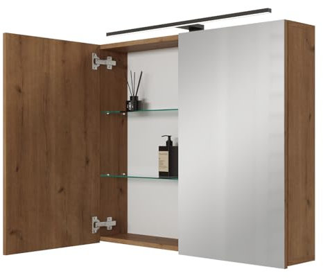 Planetmöbel ARIA Spiegelschrank Bad mit Beleuchtung 80 cm breit | Badschrank hängend mit Spiegel | Gold Eiche, mit Leuchte und Steckdose, Spiegelschrank Gäste WC 80 x 70 x 16 cm