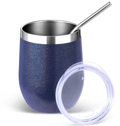 Volhoply 12oz Edelstahl-Weinbecher mit Deckel und Strohhalm,350ml Doppelwandige vakuumisolierte stiellose Weingläser,Reise-Kaffeebecher,Trinkgläser Geschenke für Frauen Männer(Navy,1 Set)