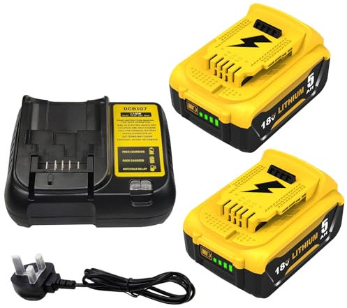 2pcs 18V 5.0Ah DCB200 Replacement for Dewalt Battery +3A Charger Compatible with Dewalt Battery DCB180 DCB181 DCB182 DCB184 DCB185 DCB201 DCB204