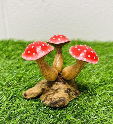My Square Mile Wooden Mushroom Garden Ornament | Teak Wood For Indoor & Outdoor Use | Hand Carved Garden Sculpture (Red 10cms)