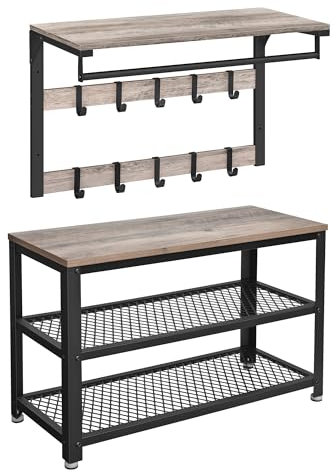 VASAGLE Wandgarderobe, Schuhbank, Wandregal mit Ablage und 10 Haken, Schuhregal mit 3 Ebenen, Aufbewahrung, Metallgestell, Flur, Eingangsbereich, Industrie-Design, Greige-schwarz LCR173G01