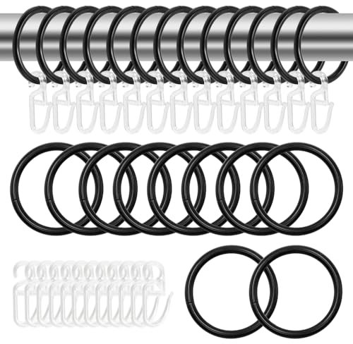 KtbeYTi 50 Stück Metall Vorhangringe Vorhang Hängend Ringe Hängende Ringe und 50 Stück Kunststoff Gardinenhaken für Fenster Tür Duschvorhänge Gardinenstangen (30mm Innendurchmesser, Schwarz)