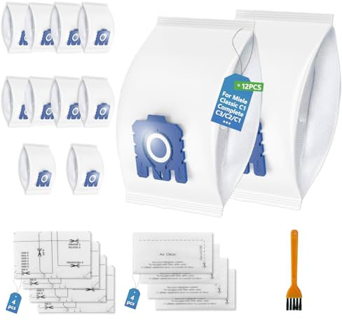 12 Pack GN Vacuum Cleaner Bags with 8 Filters Compatible with Miele Hoover Bags Classic C1, Complete C3/C2/C1,S227,S270,S400i,S600,S800,S2000,S5000,S8000,S2,S5,S8,Compact C1/C2,Series Vacuum Cleaners
