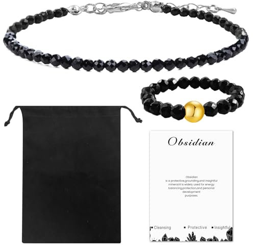 Lezehea Echtes Naturstein Armband, Elastischer Naturstein Ring mit Goldperle, Perlenring elastisch mit facettierten 4mm Perlen, Perlenarmband set für Frauen aus echten Natursteinen