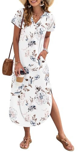 AUSELILY Women's Summer Casual Maxi Dress Short Sleeves V Neck Loose Sundress Split Long Beach Shirt Dress Vacation White Flowers M