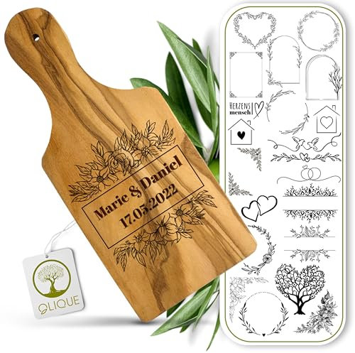 Schneidebrett mit Griff personalisiert, Olivenholz - Rustikales Olivenholzbrett mit Gravur als individuelles Hochzeitsgeschenk (23 cm)