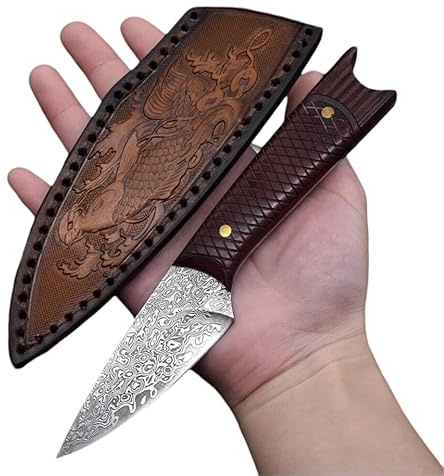 Obespina Coltello Damasco Acciaio Giapponese Koicarpe Campeggio Lemme Fisso Manico In Legno Collezione Regalo per Gli Uomini Suminagashi VG10 Campeggio EDC Tavolo Caccia Bushcraft Artigianale Forgiato