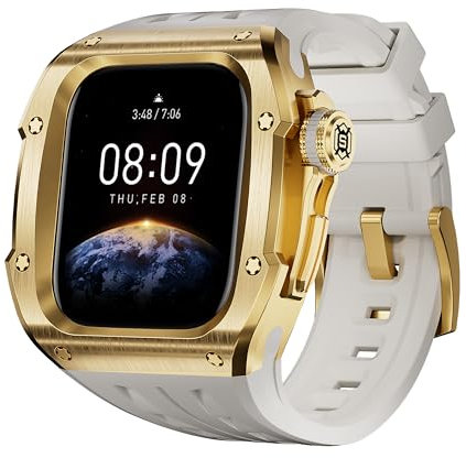 BCMCBV Juego de kit de modificación de correa de goma con caja de acero inoxidable 316L, para correas de reloj Apple Watch Series 10 de 46 mm(Gold White)