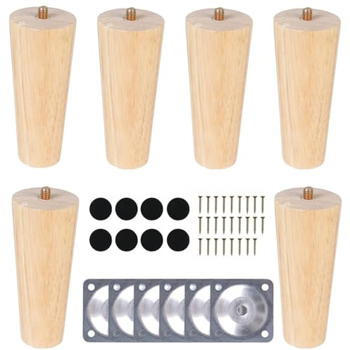 COEWUR 6 Stück Möbelfüße Holz 12cm Möbelbeine Rund Möbelfüsse mit Montageplatten Schrauben Filzgleiter Konische Schrankfüße aus Massivholz Beine für Möbel Sofa Schrank Bett Couch Sessel