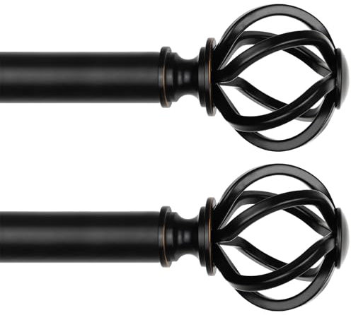 USFOOK 2 Stück Gardinenstange Schwarz 80 bis 148 cm, 22 mm Durchmesser Vorhangstange Ausziehbar, Dekorative Gardinenstangen mit Florale Endstück, Vorhangstangen für Küchenfenster