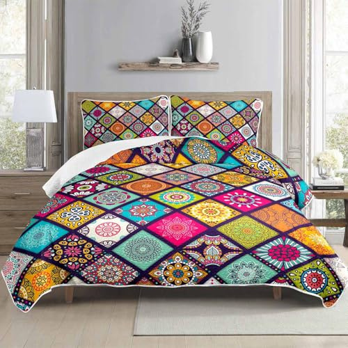 HOSIMA Tagesdecke, Tagesdecke im Bohème-Stil, Atmungsaktive Steppdecke aus Polyester 3-teiliges Set mit 2 Kissenbezügen als Dekoration für die Sofadecke im Schlafzimmer(Bohème S)