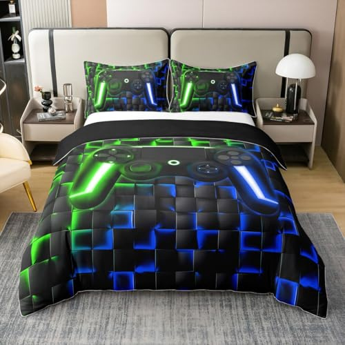 Homewish Baumwolle Gamer Jungen Bettbezug 135x200 Gaming Bettwäsche Set | Kinder Teen Männer Schlafzimmer Spielzimmer Neon Lichter Ombre Geometrische Karo Gamepad Tröster Abdeckung Grün Indigo Blau