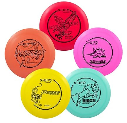 X-UFO Disc Golf Set - Beginner Disc Golf Set 5 Pack with Putter,Driver,Mid-Range,Mini Discs,157-175g (Multicolored)