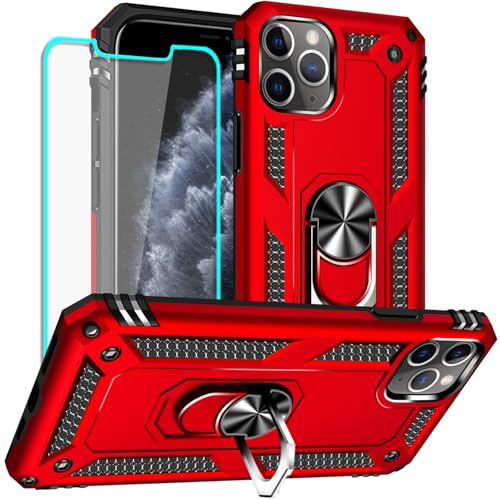 Yiakeng for iPhone 11 Pro Max Case with Screen Protector: Military Grade Protective Cases with Ring Holder Kickstand for - iPhone 11 Pro Max (Red)