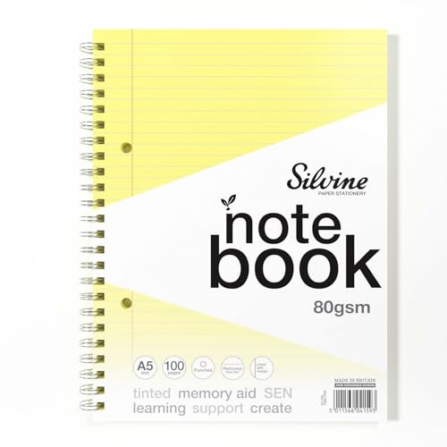 Silvine A5 Yellow Paper Dyslexia Notebook | 100 Wirebound Pages, 80gsm Tinted Paper for SEN Supportive Learning & Memory Aid